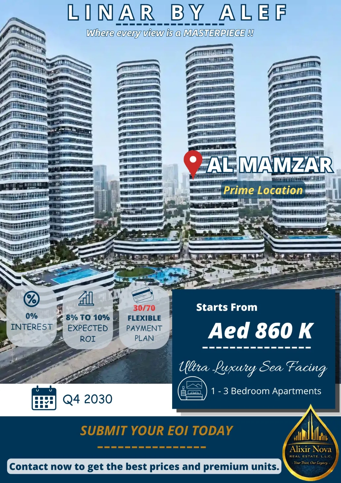 Linar by Alef marketing flyer showing five curved residential towers along the Al Mamzar waterfront with pools, landscaped podiums and the sea beyond